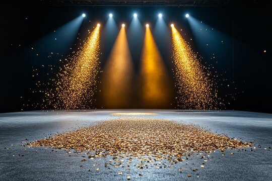 A glittering confetti shower marking the grand finale of an award ceremony, with the stage glowing under vibrant lights