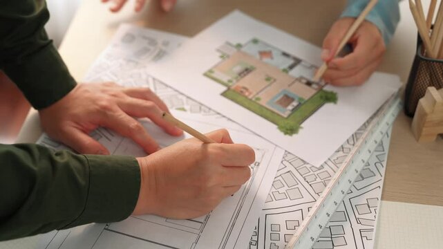 Professional engineer team discussion about house design on meeting table with architectural equipment and building blueprint scatter around at modern office. Focus on hand. Closeup. Delineation.