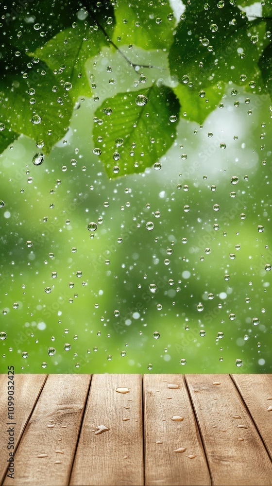 Poster raindrops creating a serene atmosphere on a window with blurred greenery and warm wooden floor insid