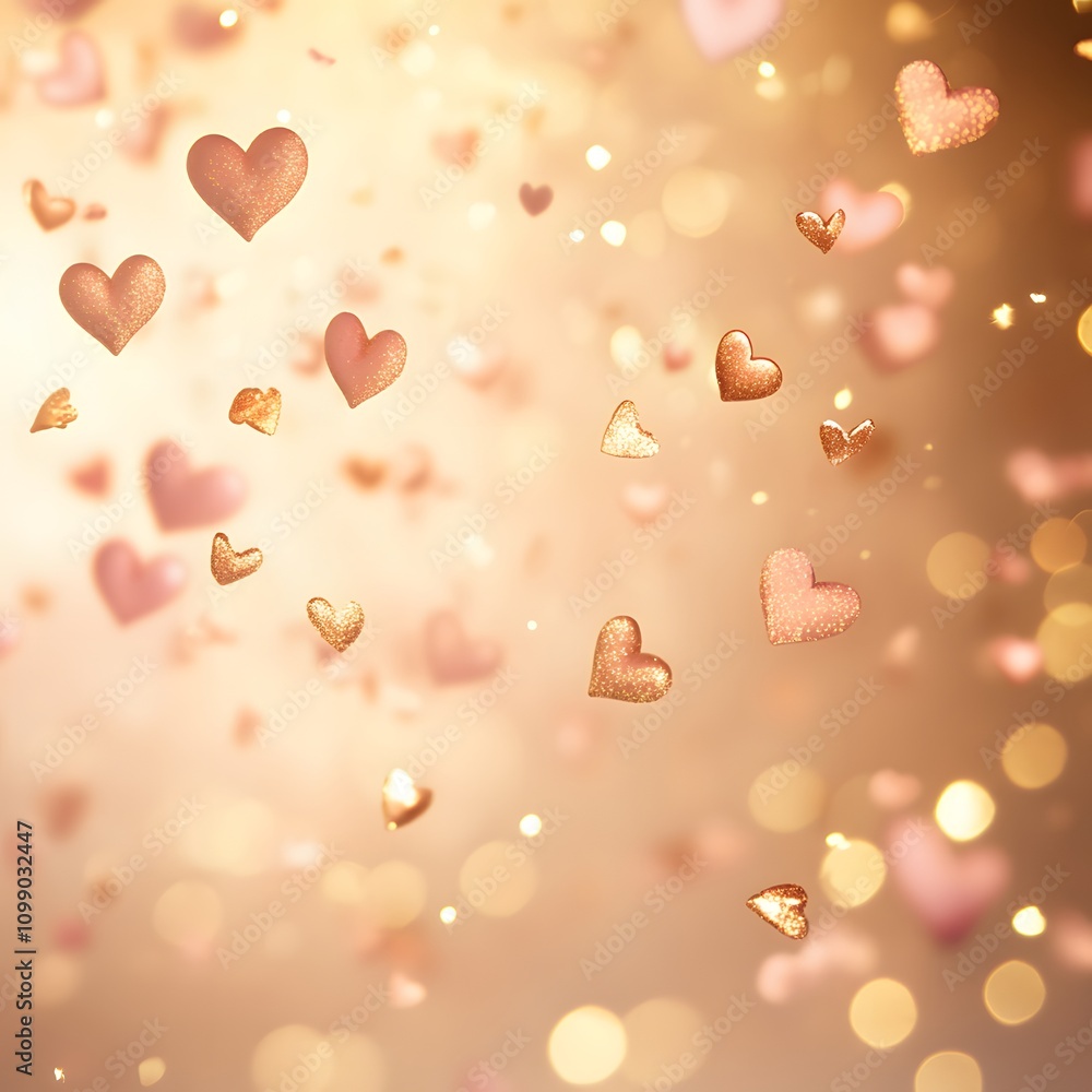 Aufkleber a soft-focus background with golden bokeh and delicate pink hearts, leaving a large open space in th