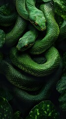 Obraz premium Emerald Elegance: A Close Encounter with a Green Snake in Lush Foliage