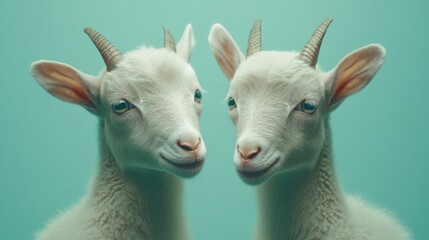 Fototapeta premium Two white goat kids facing forward.