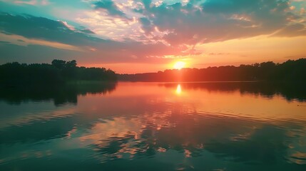 Obraz premium A scenic sunset over a calm lake.