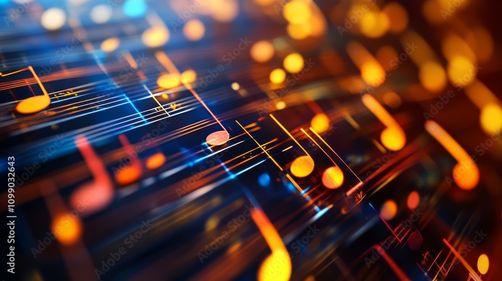 Poster a vibrant abstract representation of musical notes and sound waves, showcasing a dynamic interplay o