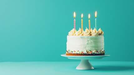 Birthday cake with lit candles on a blue background.