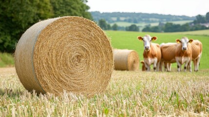 agriculture livestock yield concept, A serene farm scene featuring hay bales and grazing cows in a lush green field under a clear sky.