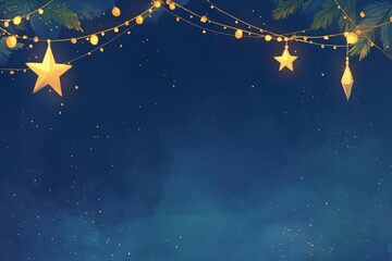 Fototapeta premium Garland with golden stars hanging on dark blue background. Festive decoration for Christmas, New Year, winter holidays celebration. Template for design with copy space