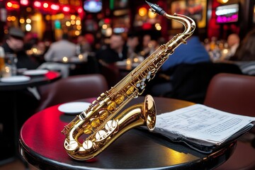 Fototapeta premium A jazz club audience sitting at small round tables, enjoying a live saxophone performance under dim, warm lighting