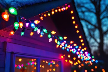 Festive christmas lights brighten home exterior evening cheerful atmosphere