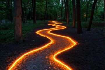 Obraz premium A magical forest scene where glowing trees form an awareness ribbon to symbolize unity and care for nature