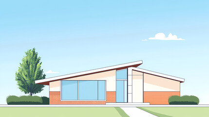 Fototapeta premium A single-story postmodern home beneath a clear sky with copy space. Postmodern. Illustration