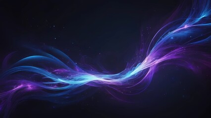 Obraz premium Cosmic energy strands in glowing blue and purple flow softly on a dark background, framing a clean and empty center