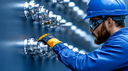 Industrial worker inspecting pipeline manufacturing facility action shot urban close-up safety