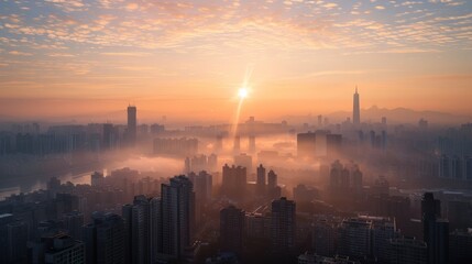 Fototapeta premium Early morning sun illuminating a city skyline, capturing the start of a new day and urban life