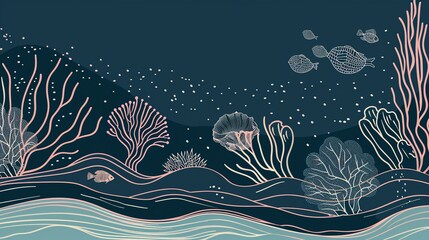 Fototapeta premium A stylized underwater scene with coral reefs, fish, and a gentle wave pattern, creating a dreamy and tranquil atmosphere.