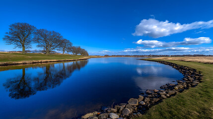Fototapeta premium Tranquil landscape reflection serene riverbank nature photography bright sky peaceful view serenity