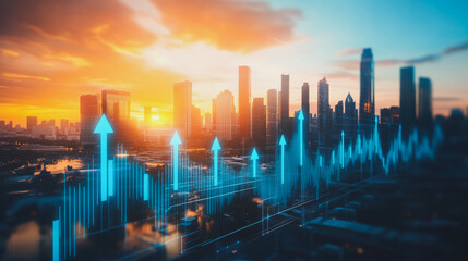 Fototapeta premium Smart digital Innovation city with connection network reciprocity over the sunset cityscape. of future wireless digital city and social media networking systems that connects people with in city