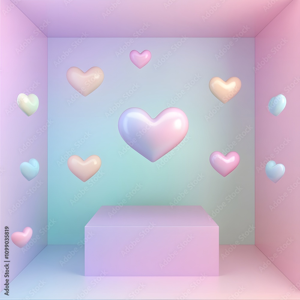 Poster a delicate pastel-colored gradient background with a floating heart pattern and an open area in the 
