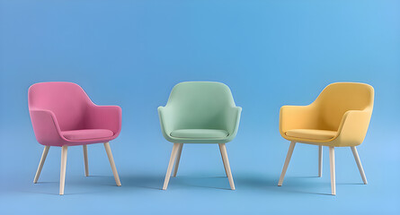set of three chairs isolated on blue background
