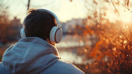 Fototapeta premium A person wearing headphones enjoys a tranquil moment by the water, surrounded by autumn foliage and bathed in warm sunset light.