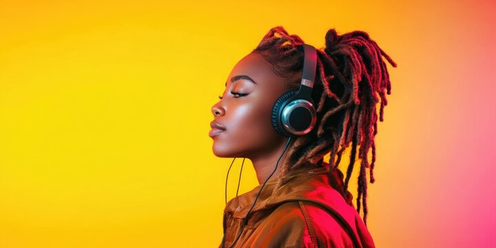 Woman with dreadlocks and headphones on yellow background - Powered by Adobe