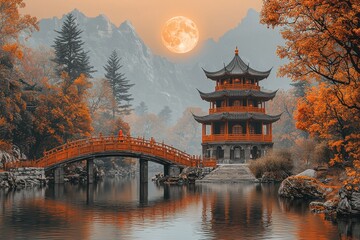 Obraz premium Serene Autumn Pagoda Bridge Lake Mountains Moon