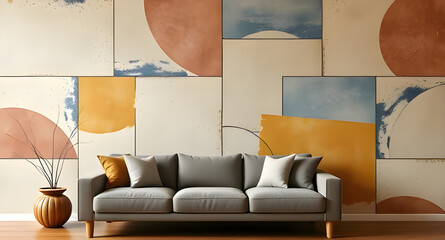 modern living room with sofa. abstract wall design