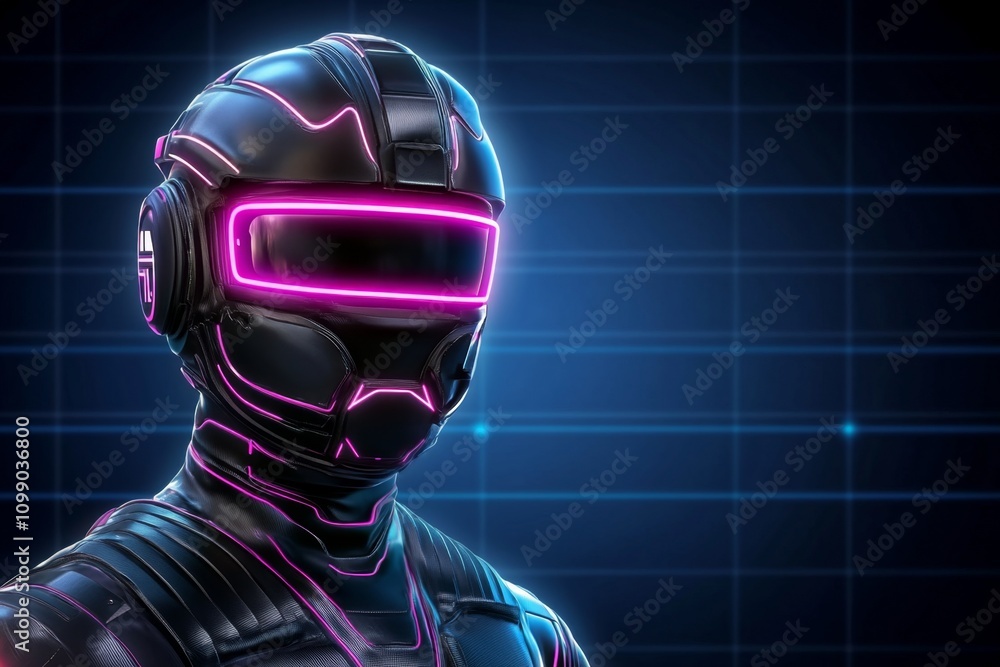 Poster a retro-inspired avatar design with glowing 80s-style neon accents, set against a grid-lined virtual