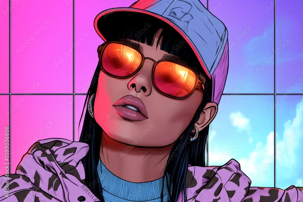 Poster a retro-inspired avatar design with glowing 80s-style neon accents, set against a grid-lined virtual