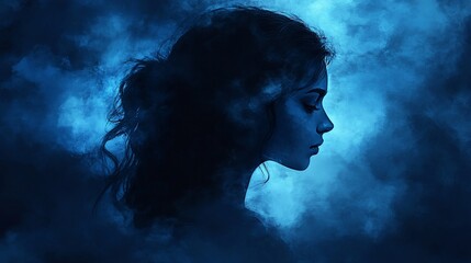 Fototapeta premium Serene woman's profile silhouetted against a moody blue sky.
