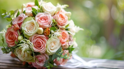 Obraz premium Elegant bridal bouquet with roses and greenery, showcasing beauty and style