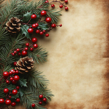 A festive Christmas frame featuring lush evergreen branches and bright red holly berries, perfect for holiday greetings and seasonal messaging.
