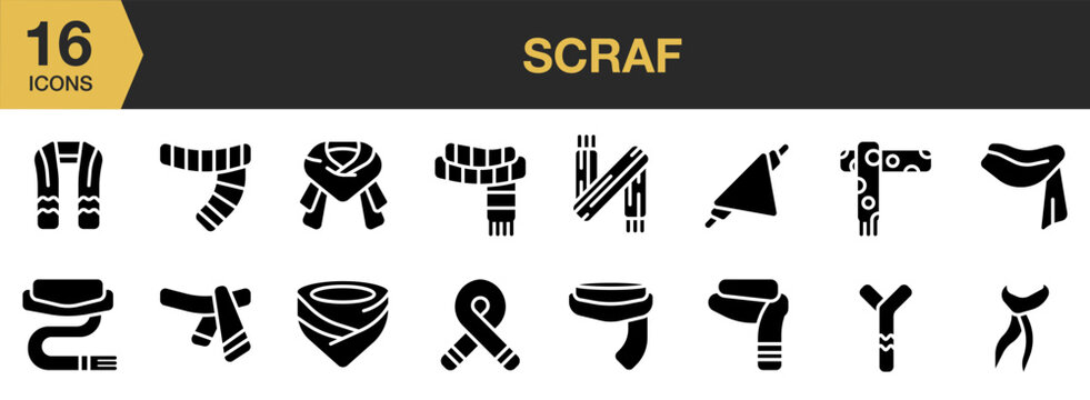 Scraf solid icon set. Includes hijab, shawl, silk, muslim, bandana, and More. Solid icons vector collection.