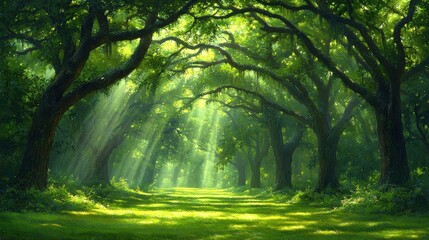Obraz premium Sunlit Green Forest Path Lush Nature Tranquil Woods Serene Landscape