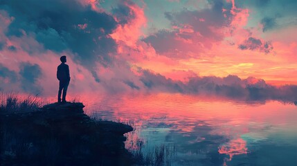 Fototapeta premium Solitude by the Lake: A Serene Sunset Landscape