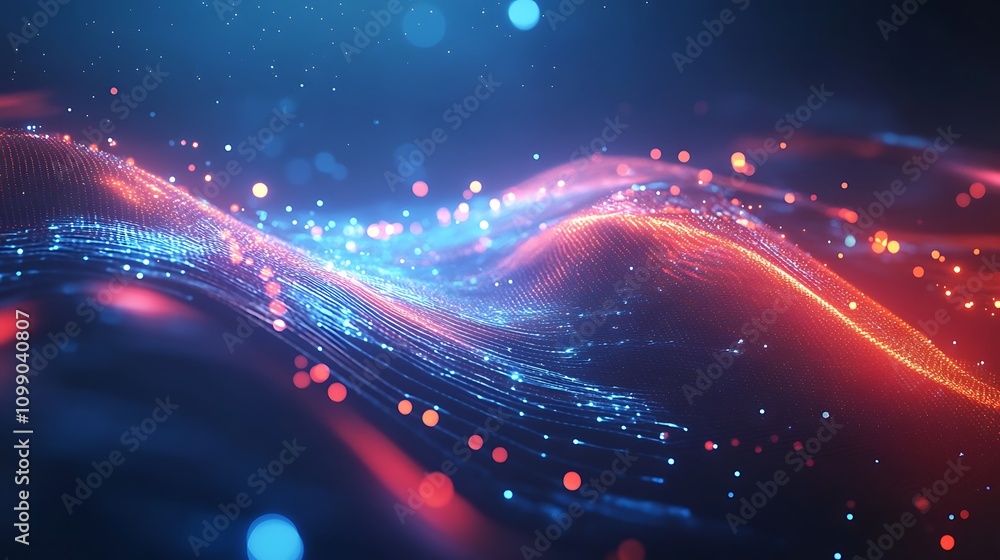 Poster 3d rendering of glowing particles in cyberspace with depth of field and bokeh. particles form line a