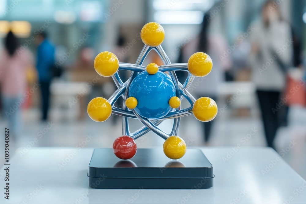 Poster an interactive display of an atom, with labels for protons, neutrons, and electrons in a futuristic 