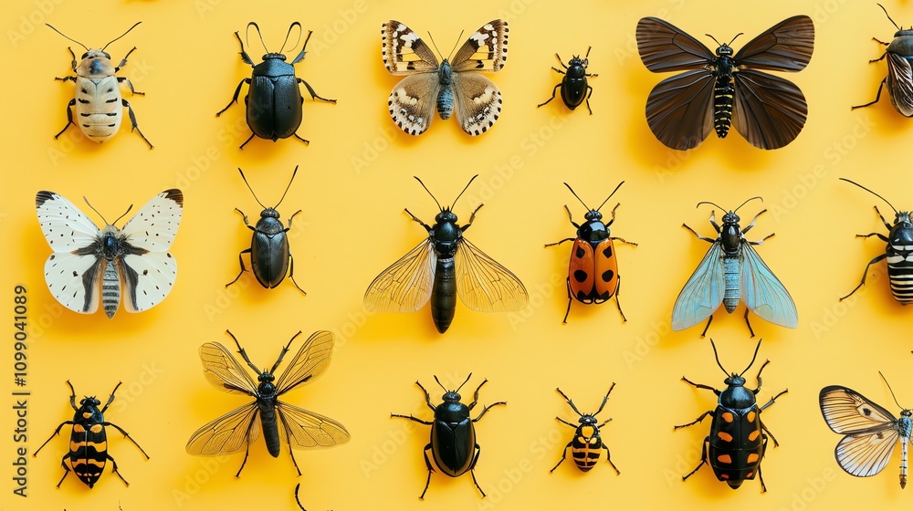Poster a collection of insects and butterflies arranged in rows on a yellow background.