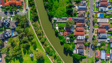 Panorama aerial drone view of western Sydney Suburbs of Canterbury Burwood Ashfield Marrickville...