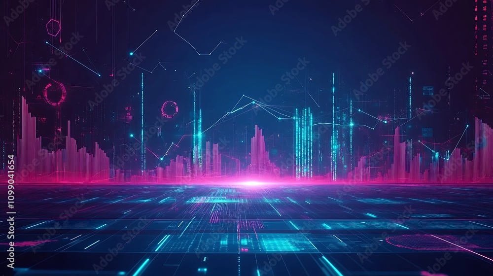 Poster futuristic technological background with glowing lines and charts. 3d rendering - generated ai