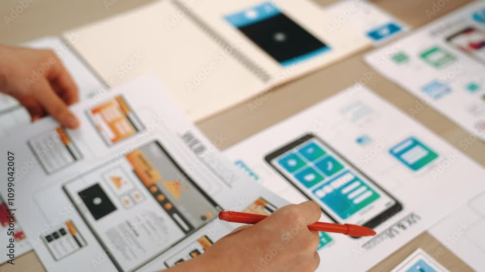 Poster excellent startup company employee presenting user interface prototype for mobile application to sma