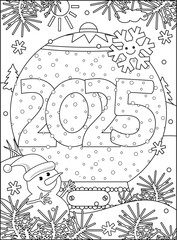 Year 2025 in snow globe coloring page, poster, sign or banner black and white activity sheet 
