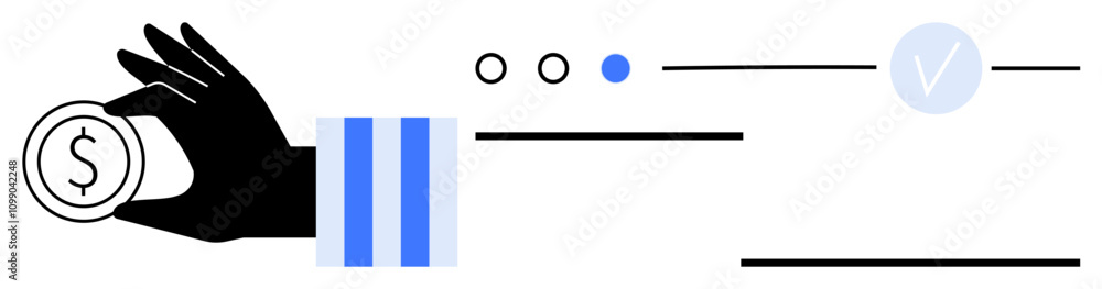 Poster stylized hand holding a coin with a dollar sign. three uxui interface indicators, one highlighted in