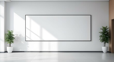 Modern gallery interior with large blank horizontal frame, plants, and sunlight
