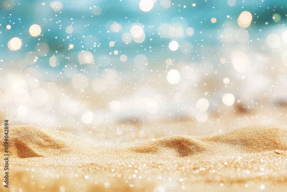 Poster close up of sand on a beach with bokeh lights in the background.