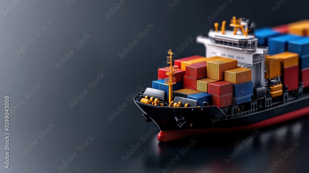 Poster detailed close-up of a miniature container ship loaded with colorful cargo boxes on a dark backgroun