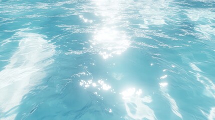 The water is blue and has a lot of light reflecting off of it