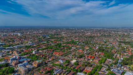 Panorama aerial drone view of western Sydney Suburbs of Canterbury Burwood Ashfield Marrickville...