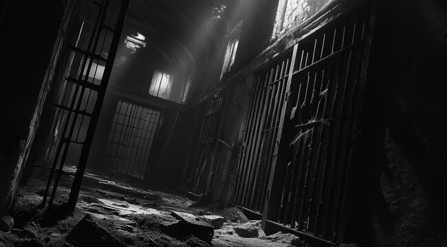 A dimly lit, abandoned prison corridor with barred cell doors and debris on the floor, sunlight streams in from a window.