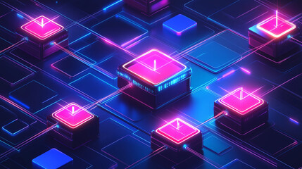 A futuristic blockchain graphic, featuring luminous blocks interconnected and arranged in a regular pattern, The visualization simplifies the concept of a digital ledger